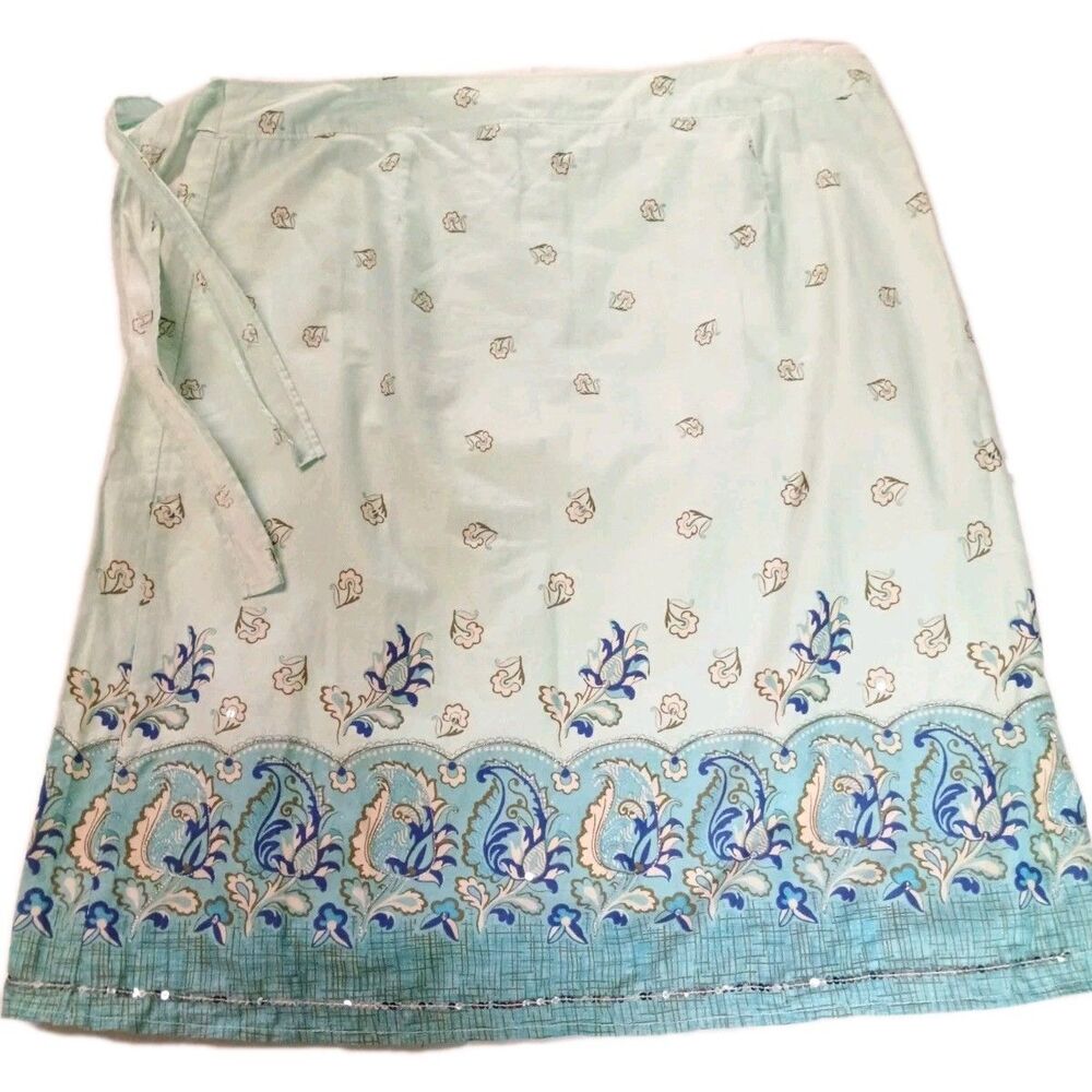 Vintage 2005 Old Navy Boho Paisley Wrap Skirt Blue Cotton Sequin Hem Size 10 - Picture 10 of 16